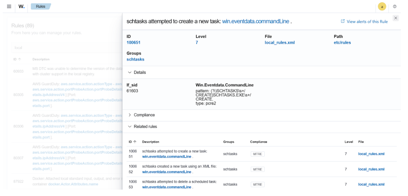 Wazuh gebruikt aangepaste regels om waarschuwingen te genereren wanneer de schtasks-hulpprogramma verdachte activiteiten uitvoert.