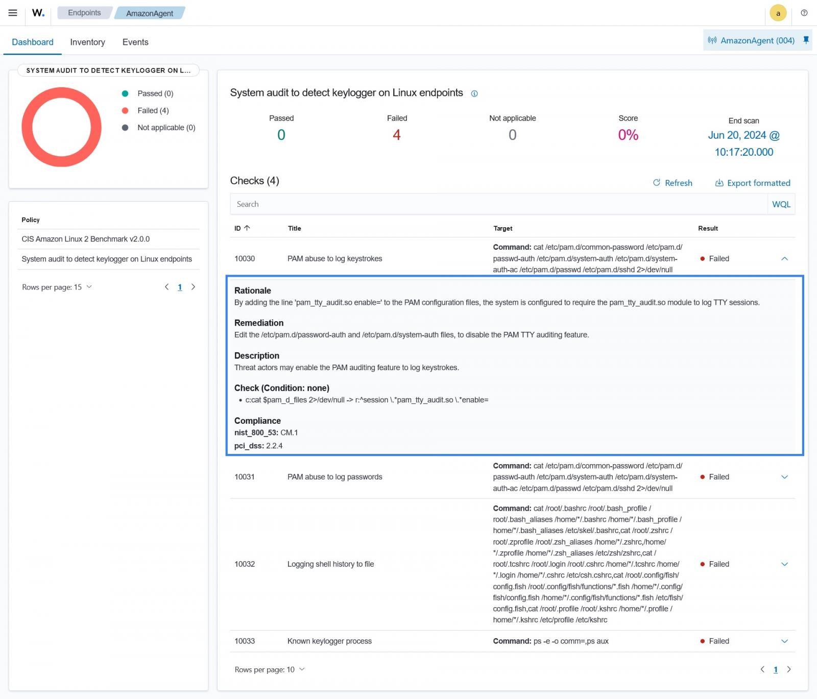 Wazuh controleert Linux-agenten om keylog-activiteiten te detecteren.