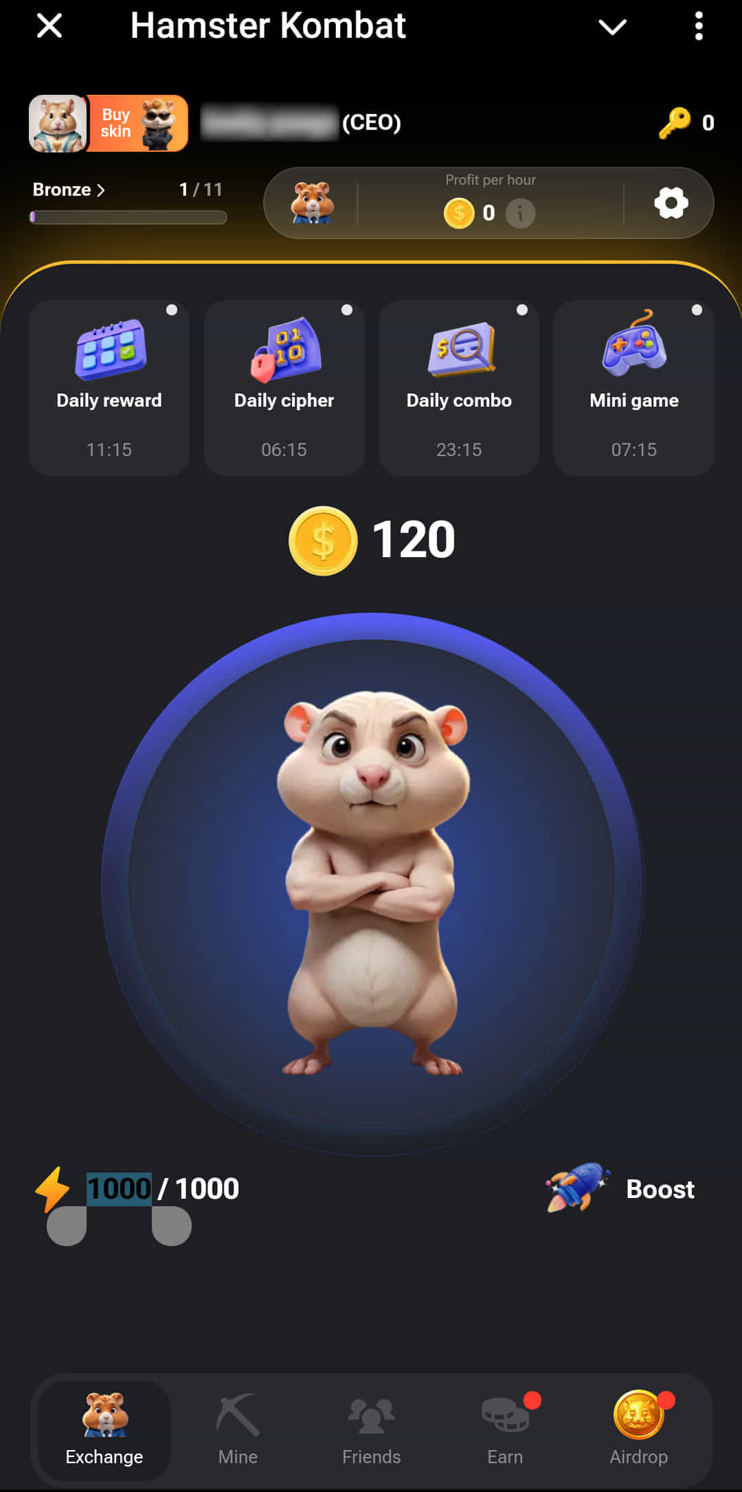 De interface van de app Hamster Kombat