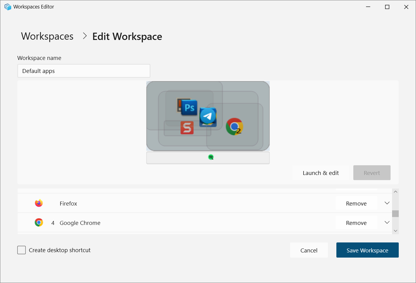 PowerToys Workspaces editor window