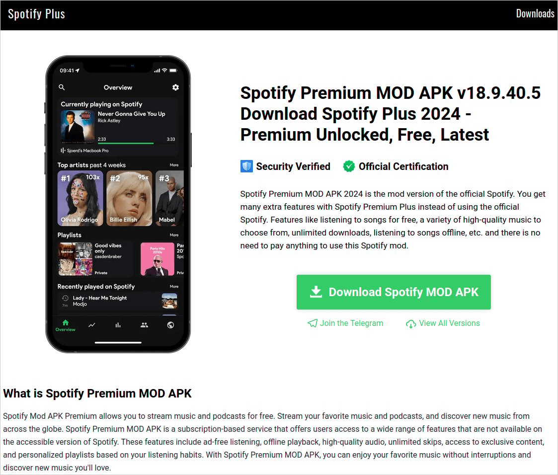 Website die een kwaadaardige Spotify-mod verspreidt