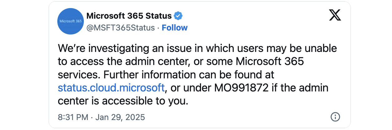 Microsoft 365 admin center outage