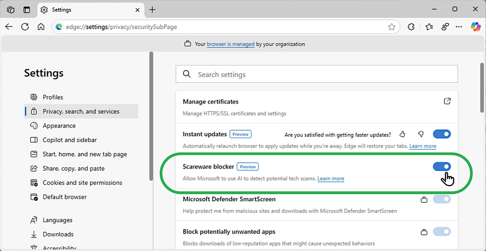 Scareware blocker instellingen