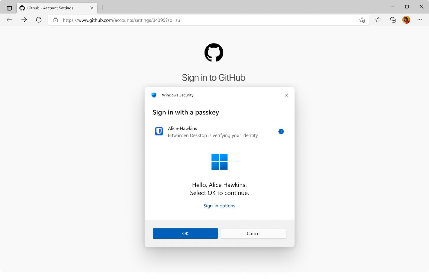 Bitwarden inloggen met passkey Windows-integratie