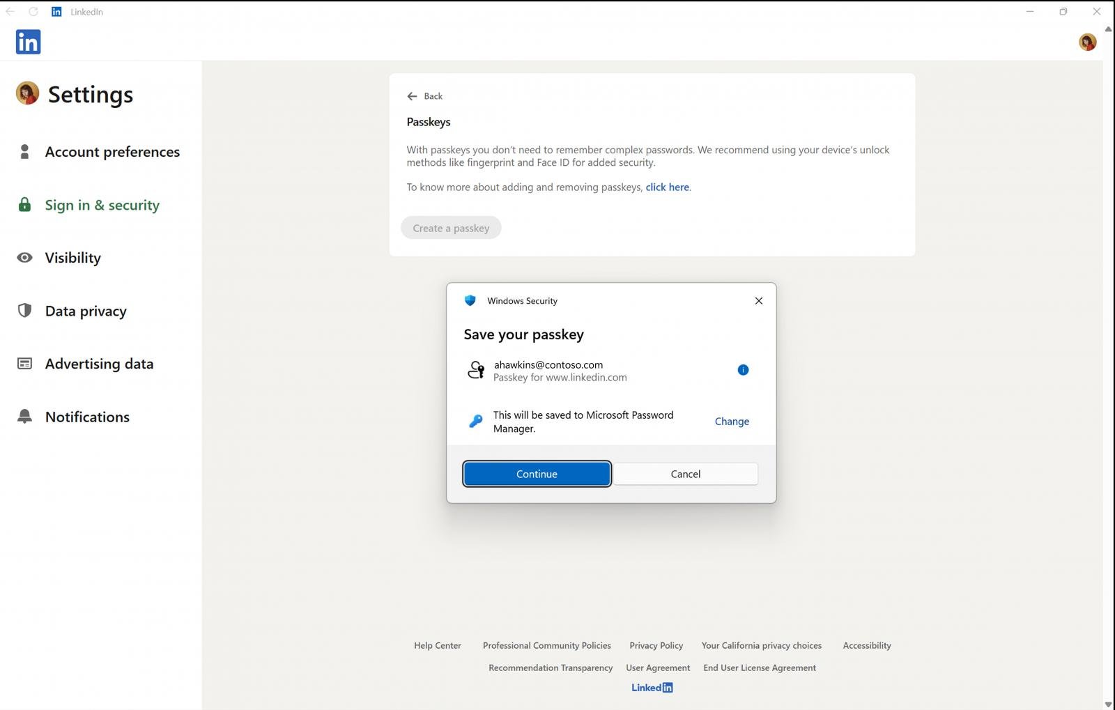 LinkedIn passkey opgeslagen in Microsoft Password Manager